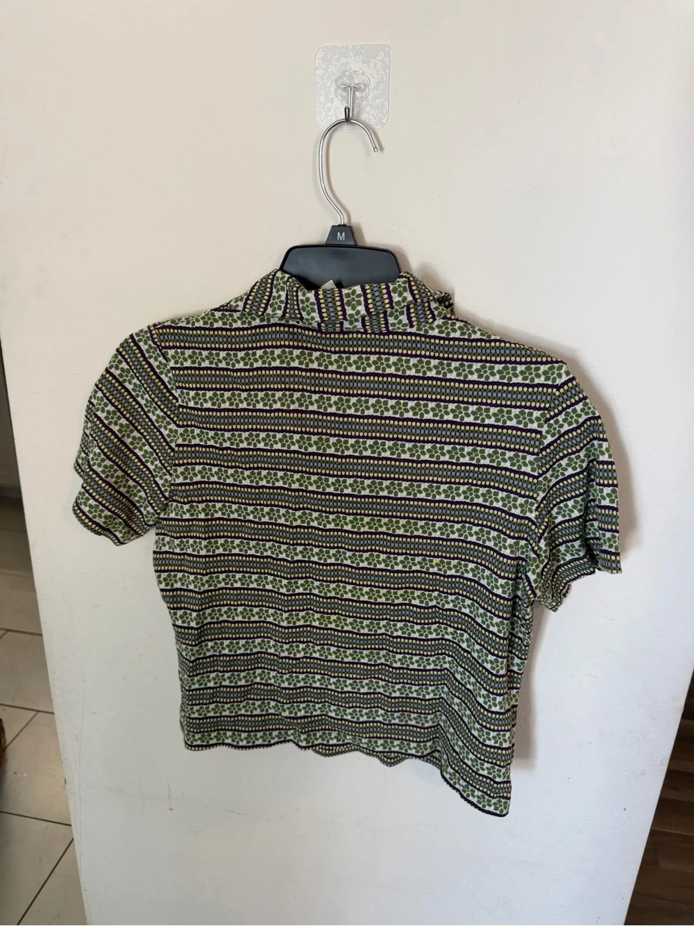 Vintage Lace-Up Collared Short Sleeve Top in Green Stripe - Picture 4 of 4